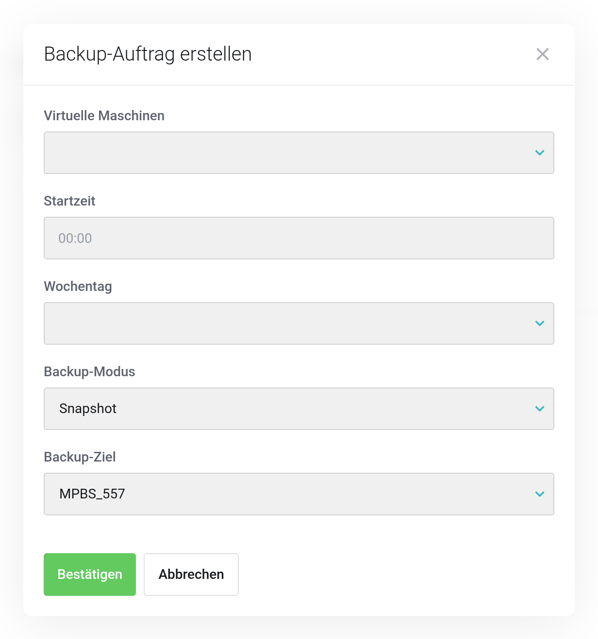 Dialog Backup-Auftrag erstellen mit den Feldern Virtuelle Maschinen, Startzeit, Wochentag, Backup-Modus und Backup-Ziel; im Backup-Ziel ist der eigene Datastore MPBS_557 ausgewählt