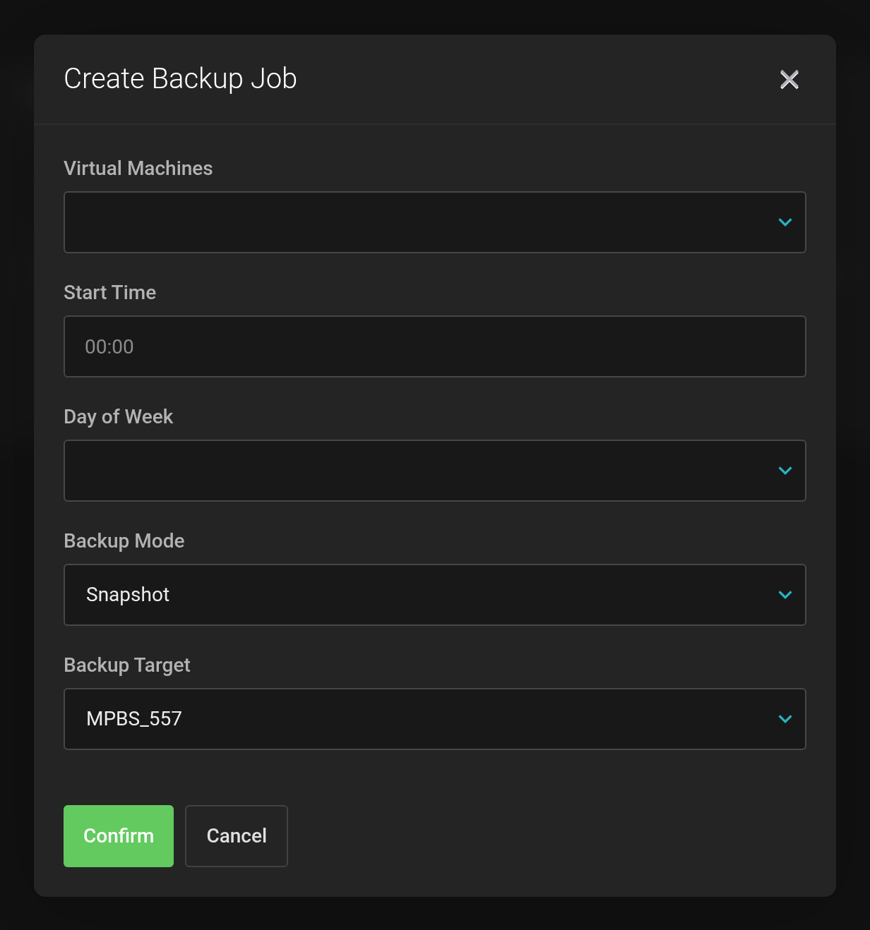 Create Backup Job dialog with the fields Virtual Machines, Start Time, Day Of Week, Backup Mode and Backup Target