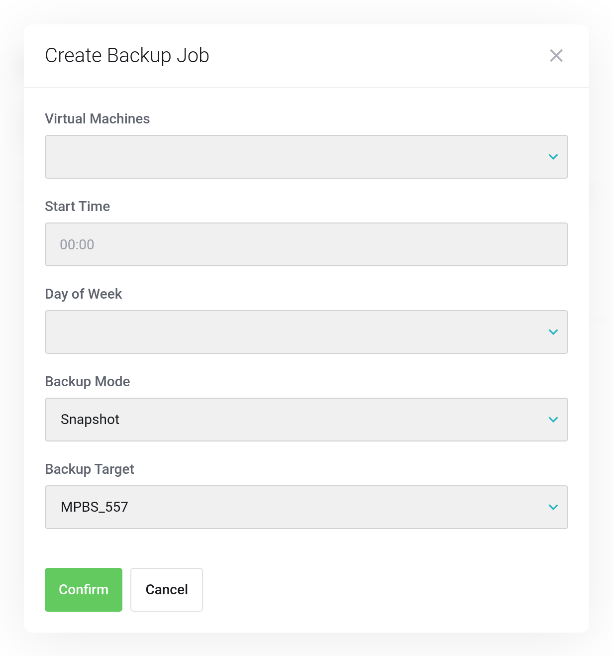 Create Backup Job dialog with the fields Virtual Machines, Start Time, Day Of Week, Backup Mode and Backup Target