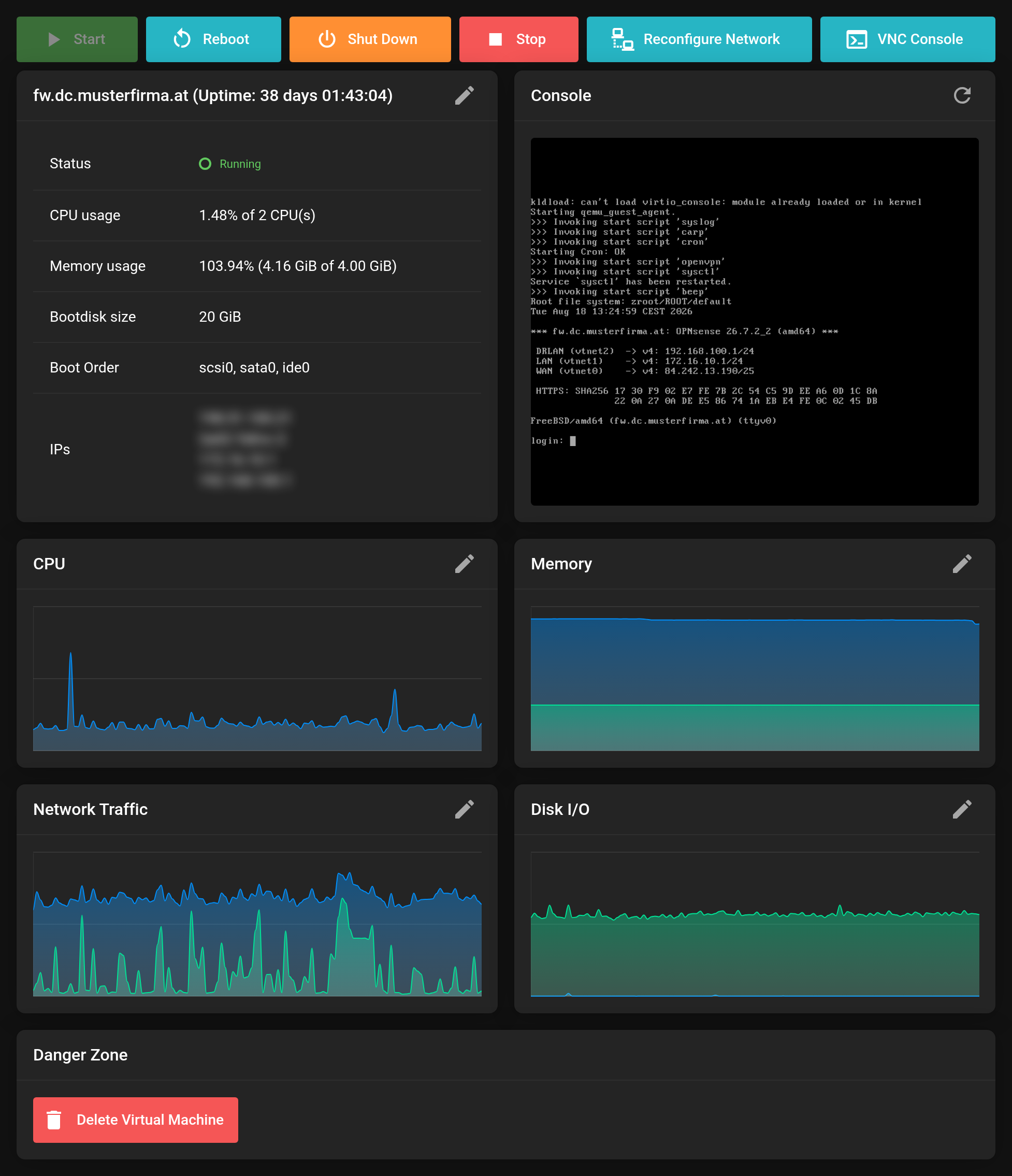 Management page of a virtual machine with status, CPU usage, Memory usage, Bootdisk size, Boot Order, IP addresses and console preview