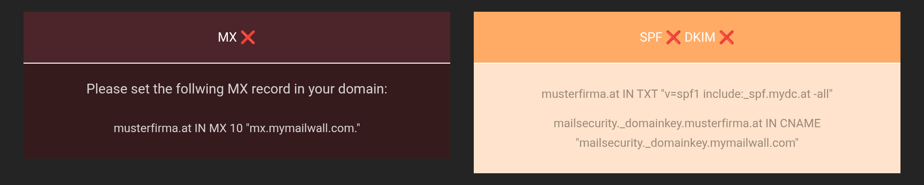 Client Area with the status indicators for MX, SPF and DKIM and the DNS values to enter