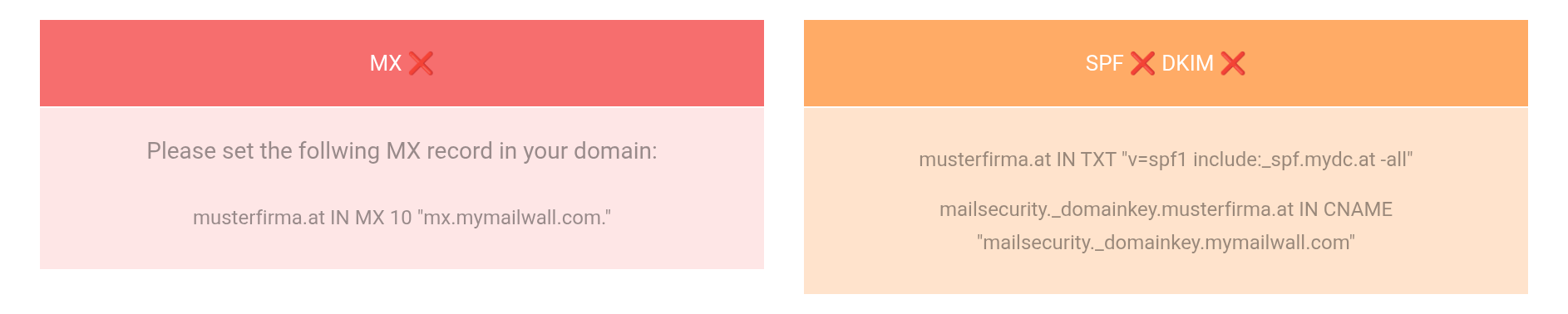 Client Area with the status indicators for MX, SPF and DKIM and the DNS values to enter
